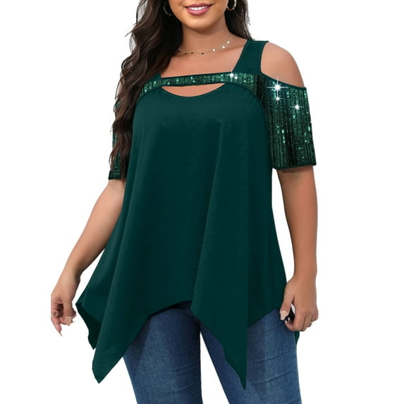 Gvmfive Women Plus Size Sequins Cold Shoulder Irregular Blouse Casual Short Sleeve Tunic Tops