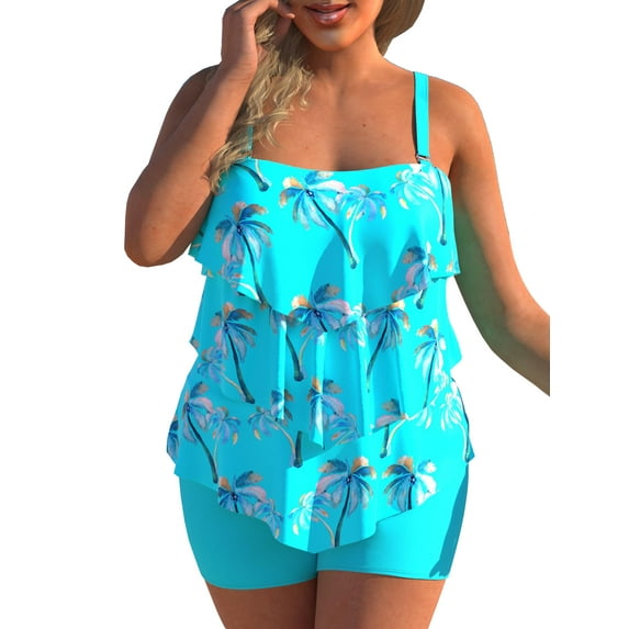 Gvmfive Women Plus Size Two Pieces Bathing Suit Gradient Print Tankini Top with Boyshorts Swimsuit Swimwear