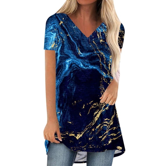 Gvmfive Women Print Round Neck Short Sleeve T Shirts Loose Tunic Tops Pullover