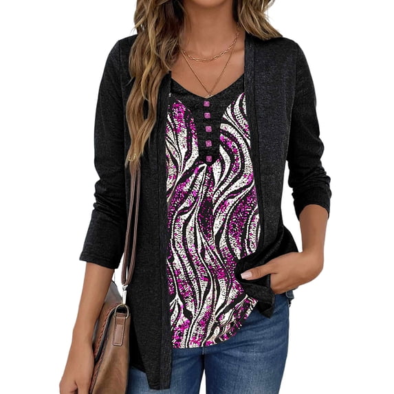 Gvmfive Women Printed Long Sleeve V Neck Tops Casual Tunic Pullover T-shirt