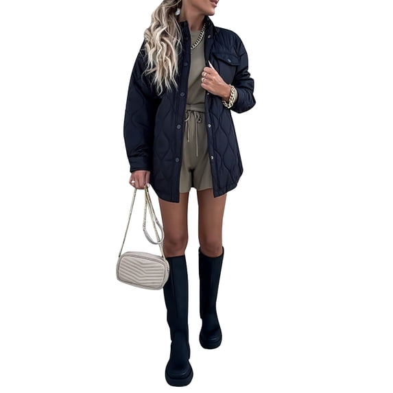 Gvmfive Women Puffer Long Sleeve Jacket Lapel Collar Coat Overcoat