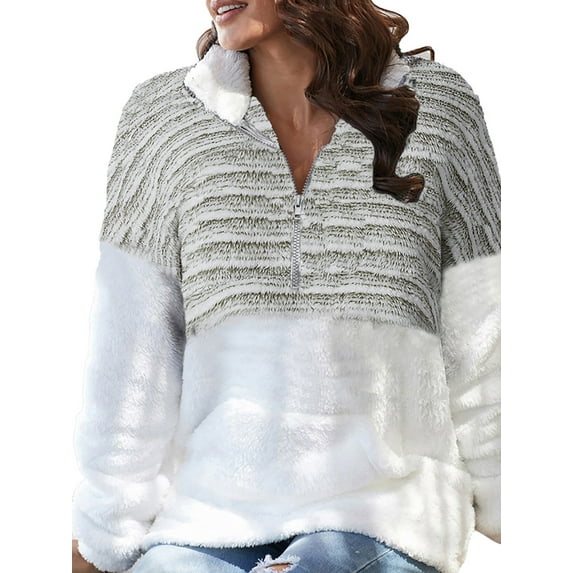 Gvmfive Women Pullover Zip Frint Long Sleeve Fluffy Fleece Sweaters Sherpa Sweatshirts Coat
