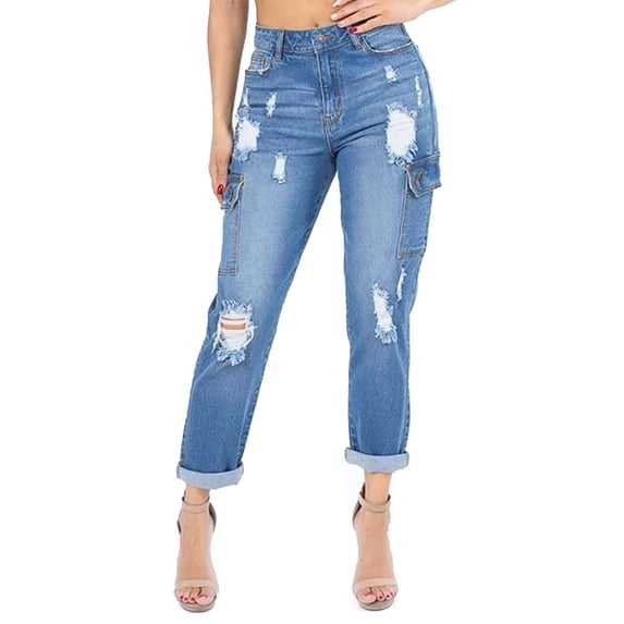 Gvmfive Women Ripped High Waist Loose Jeans Casual Denim Cargo Pants