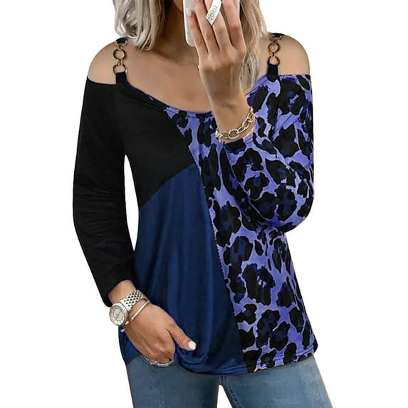 Gvmfive Women Scoop Neck Cold Shoulder Chain Strap Shirt Casual Loose Leopard Patchwork Blouse