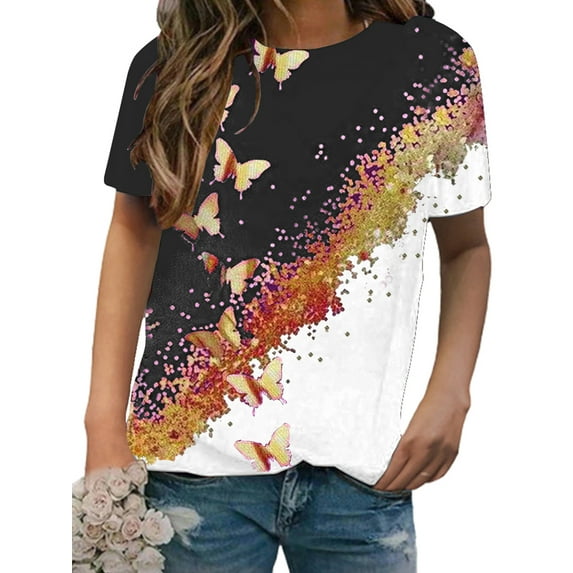 Gvmfive Women Short Sleeve T-shirt Print Round Neck Blouse Casual Tops