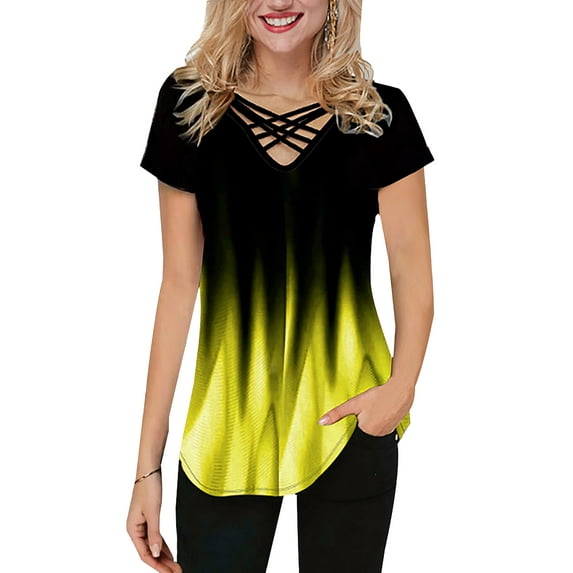 Gvmfive Women Short Sleeve Tops Gradient Print V Neck Tunic Blouse T-shirt