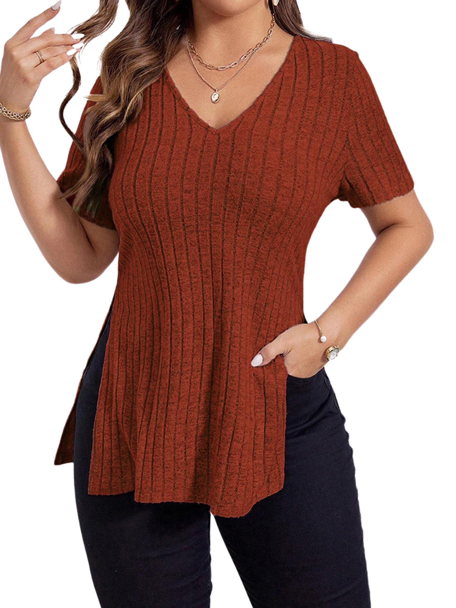 Gvmfive Women Short Sleeve V Neck Tunic Tops Split T-Shirt Blouse ...