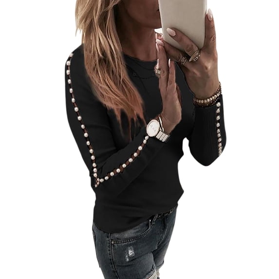 Gvmfive Women Solid Beaded Hollow Out Stitching Long Sleeve Round Neck Casual Tops