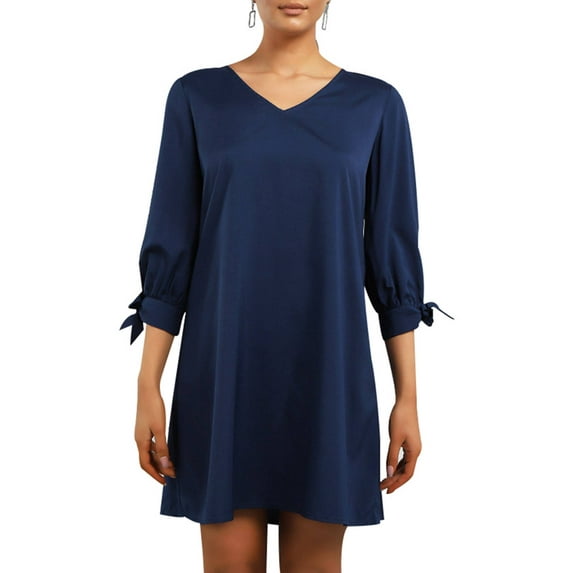 Gvmfive Women Solid Color Mini Dress V Neck 3/4 Sleeve Casual Loose Dress