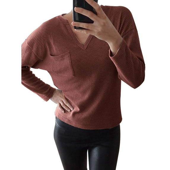 Gvmfive Women Solid Front Pocket V-Neck Long Sleeve T-Shirt Baggy Casual Tops, M
