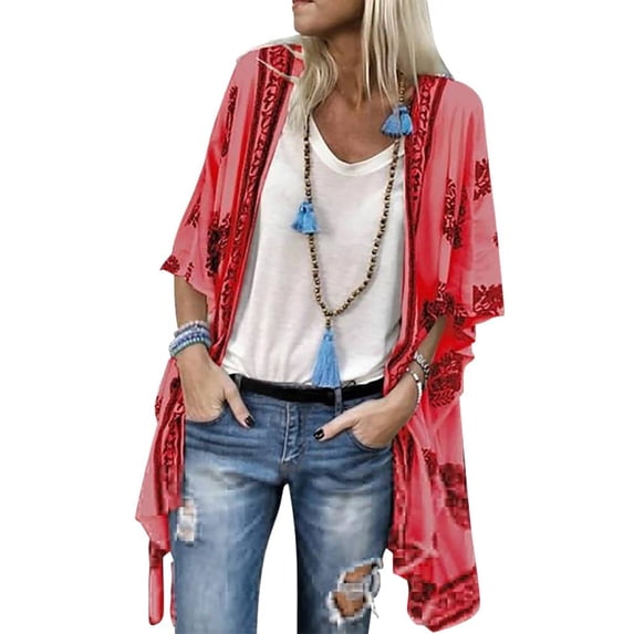 Gvmfive Women Summer Bohemian Printed Short Sleeve Cardigan Casual Tops
