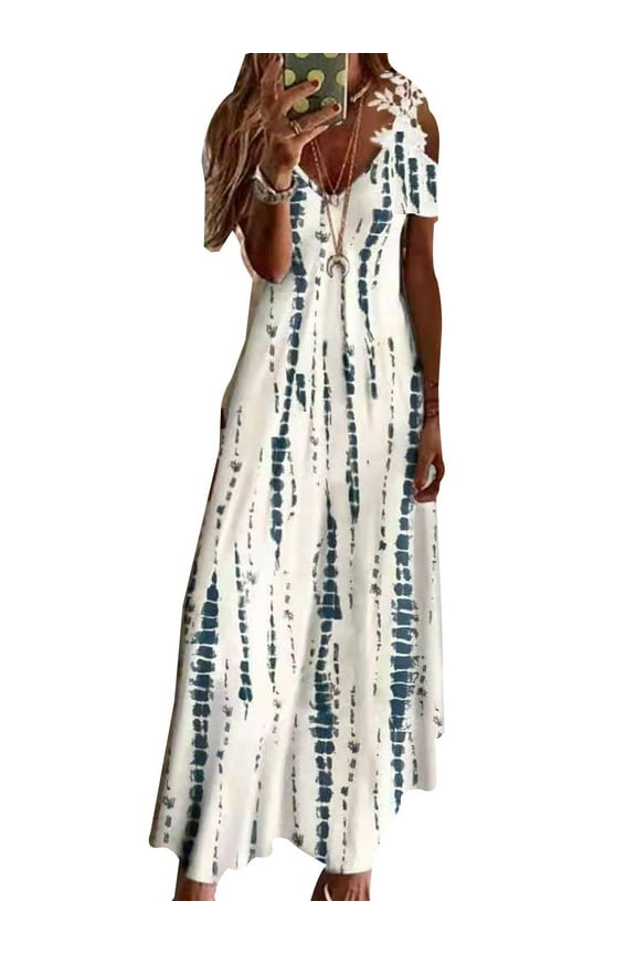 Women Summer Boho Beach Printed Long Dress Lace Cold Shoulder Casual Maxi Dress