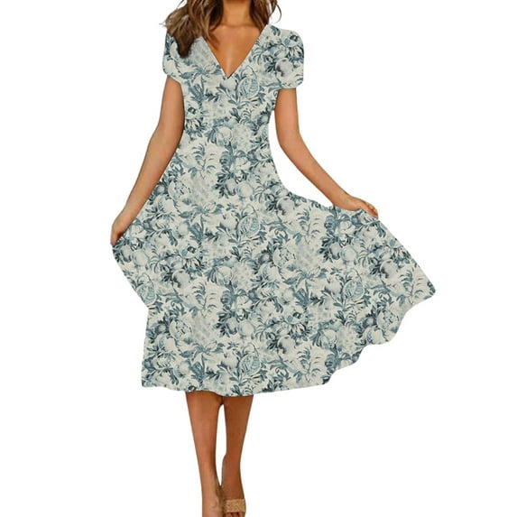 Gvmfive Women Boho Floral Print Short Sleeve Swing Dress Summer Party Beach Casual Midi Dress