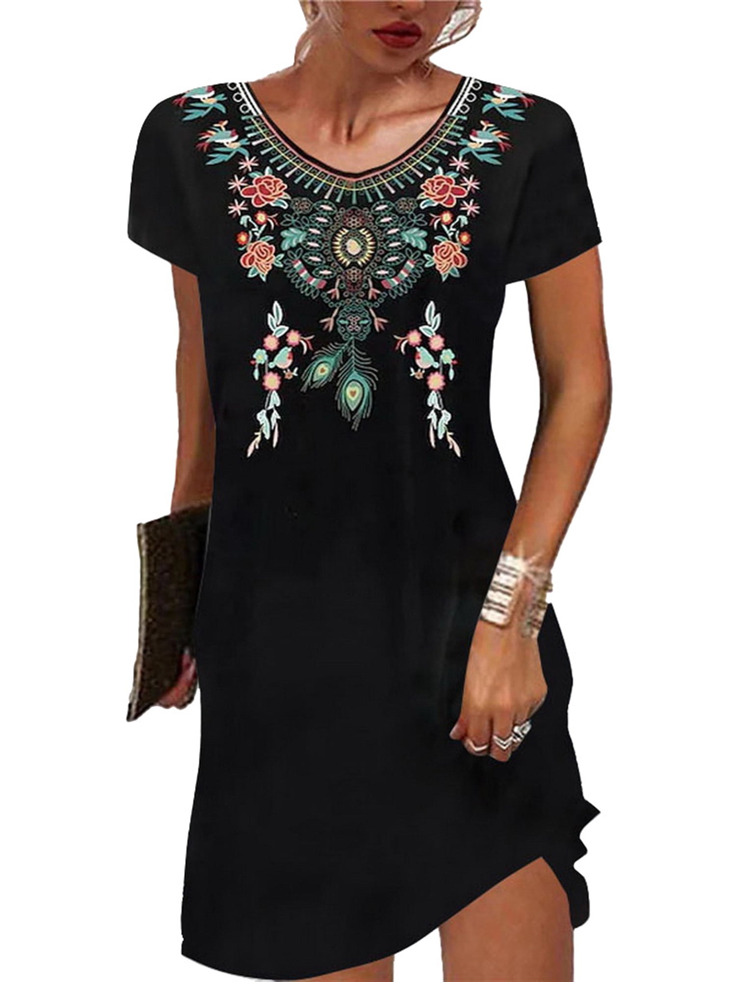 Gvmfive Women Summer Boho Printed T-shirt Dress Short Sleeve Casual ...