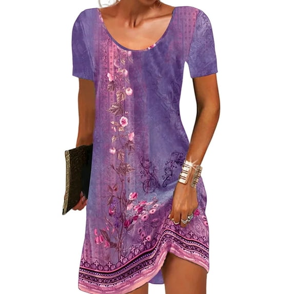 Gvmfive Women Summer Boho Printed T-shirt Dress Short Sleeve Casual Loose Dress
