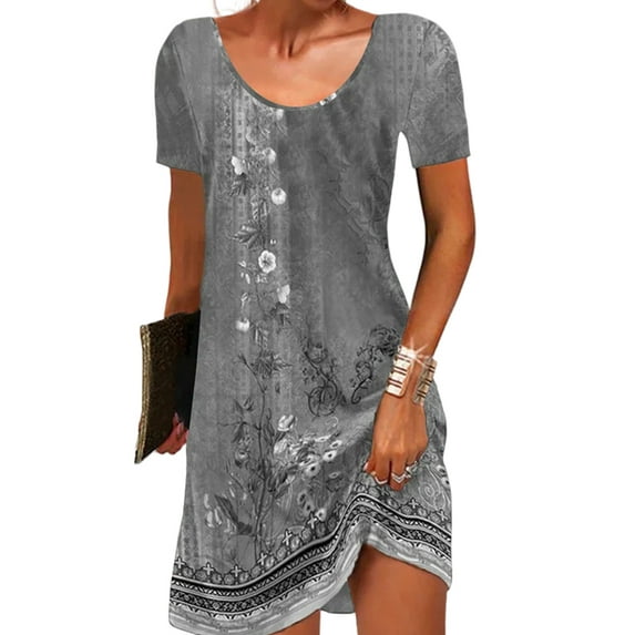 Gvmfive Women Summer Boho Printed T-shirt Dress Short Sleeve Casual Loose Dress