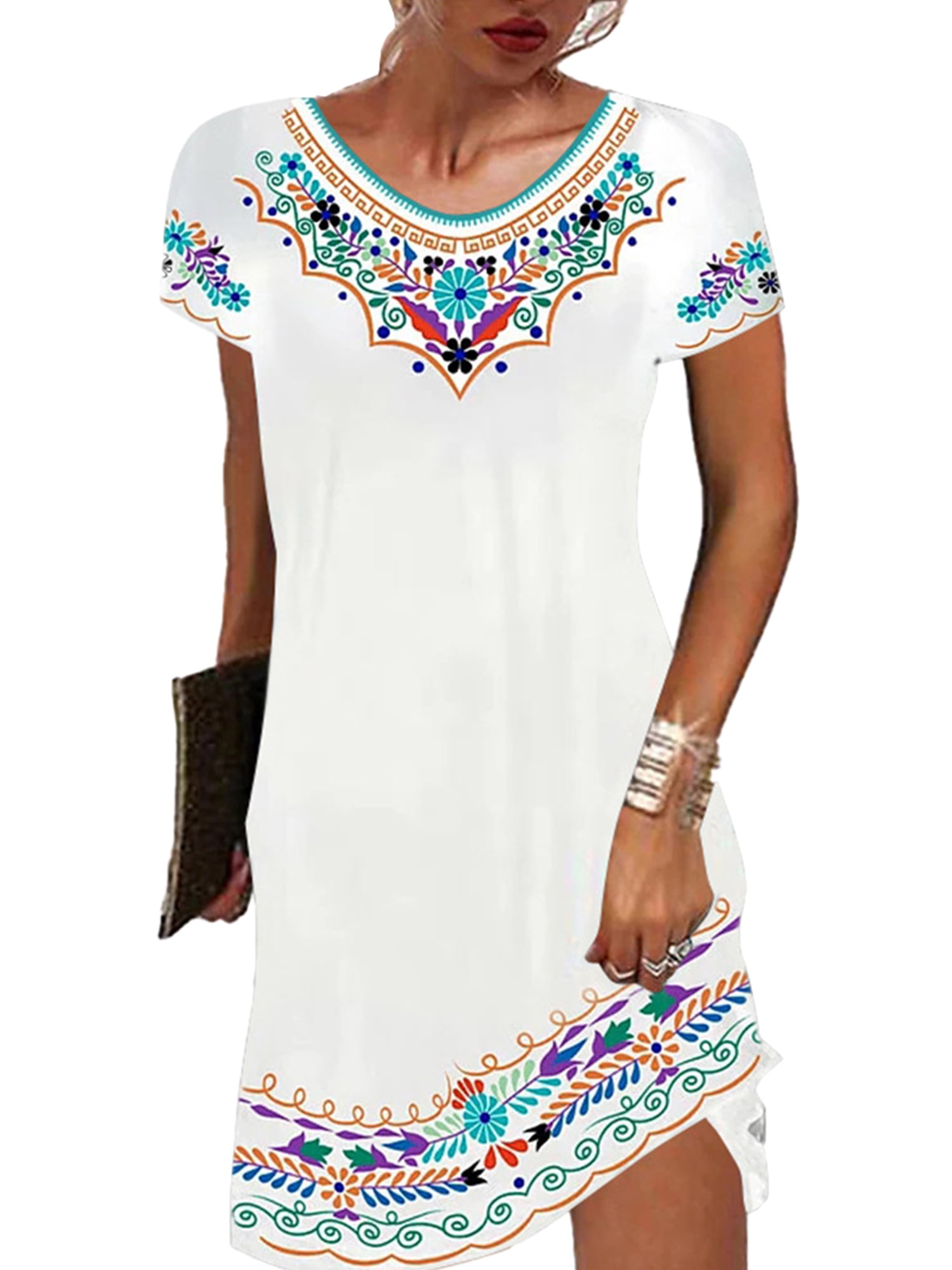 Gvmfive Women Summer Boho Printed T-shirt Dress Short Sleeve Casual ...