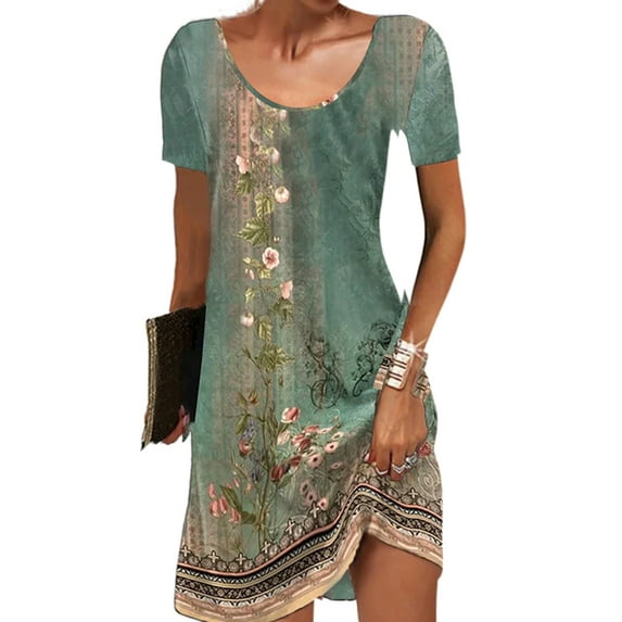 Gvmfive Women Summer Boho Printed T-shirt Dress Short Sleeve Casual Loose Dress