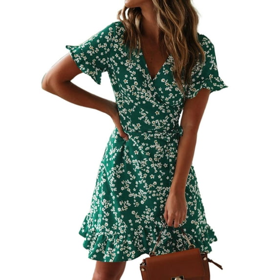 Gvmfive Women Summer Casual Short Sleeve Lace Up Ruffled Mini Dress