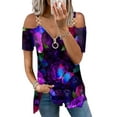 thumbnail image 1 of Gvmfive Women Summer Short Sleeve Cold Shoulder Tops V Neck Zipper Tunic Blouse, 1 of 4