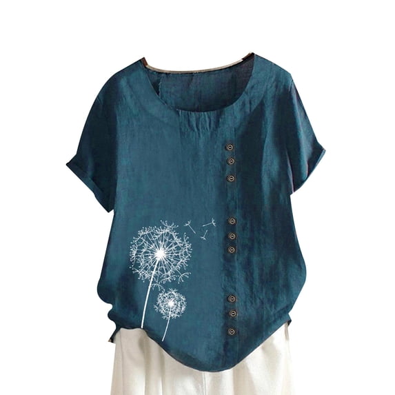 Gvmfive Women Summer Short Sleeve Printed Round Neck Tops Loose T Shirt Blouse