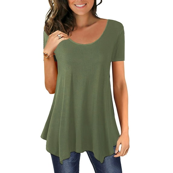 Gvmfive Women Summer Solid Short Sleeve Tunic Tops Loose Blouse Basic T Shirt