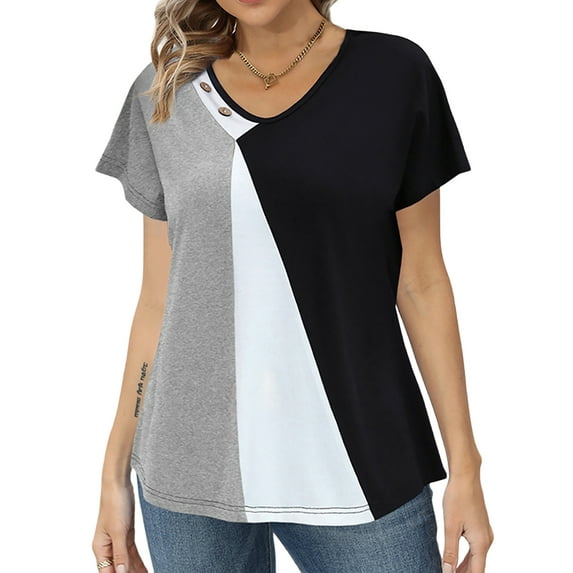 Gvmfive Women Summer Tops Casual Colorblock Short Sleeve Loose T-shirt