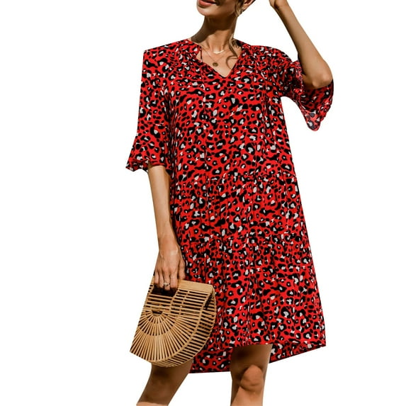 Gvmfive Women Summer V Neck 1/2 Sleeve Ruffled Loose Dress