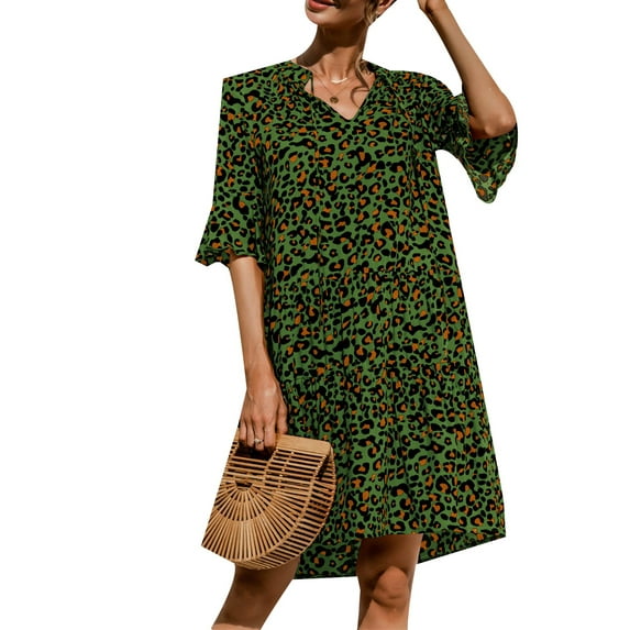 Gvmfive Women Summer V Neck 1/2 Sleeve Ruffled Loose Dress