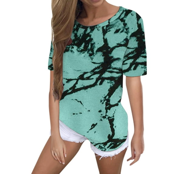 Gvmfive Women Tie Dye Printd Casual T Shirt Summer Short Sleeve Tops Loose Blouse