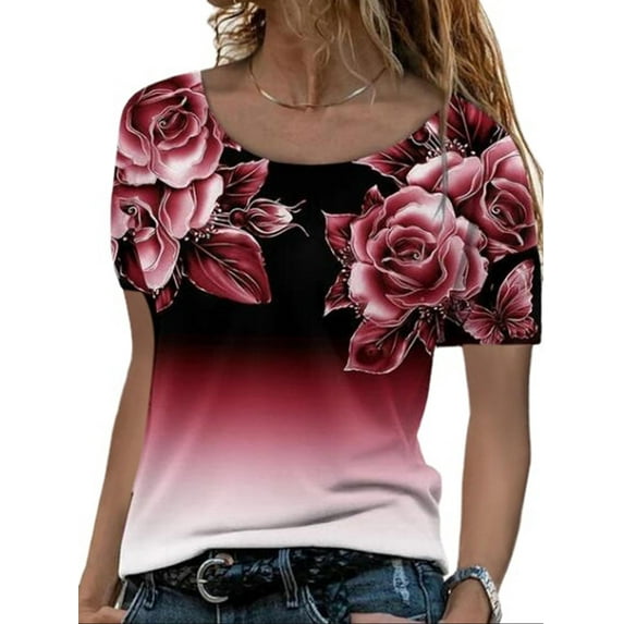 Gvmfive Women Tops Casual Gradient Floral Print Short Sleeve T Shirt