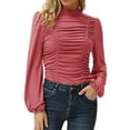 thumbnail image 1 of Gvmfive Women Tops Puff Long Sleeve High Neck Pleated Slim Fit Blouse, 1 of 4