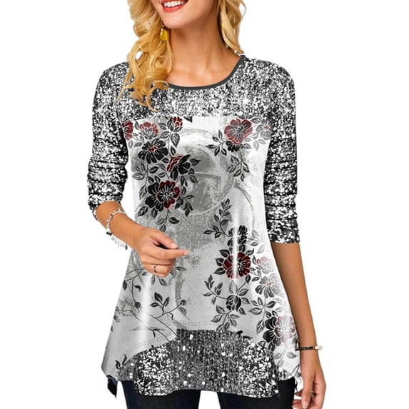 Gvmfive Women Tunic Tops Long Sleeve Printed Crew Neck A-line Blouse