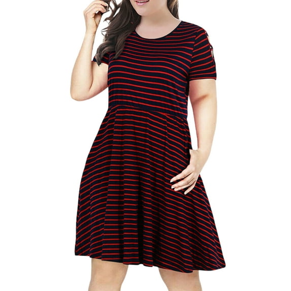 Gvmfive Women's Casual Short Sleeve Striped Print Dress Round Neck Cold Shoulder Skater Midi Dress Plus Size