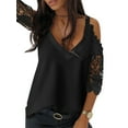 thumbnail image 1 of Gvmfive Women's Lace Patchwork Solid V-Neck 3/4 Sleeve Hollow Out Tops, 1 of 5