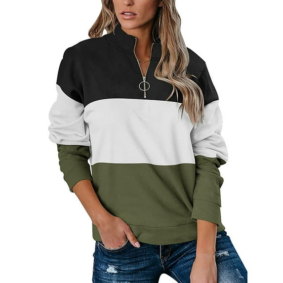 Gvmfive Women's Long Sleeve Lapel Zipper Sweatshirt Color Block Pullover Casual Tops