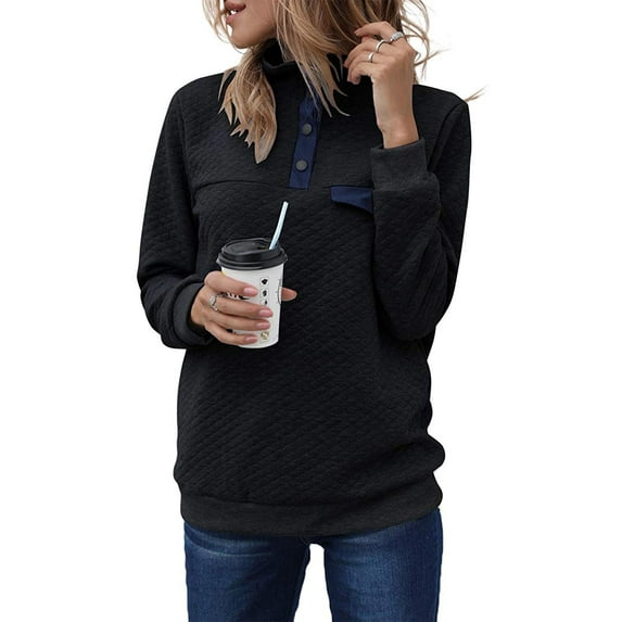 Gvmfive Women's Mock Neck Long Sleeve Button Loose Pullover Sweatshirt
