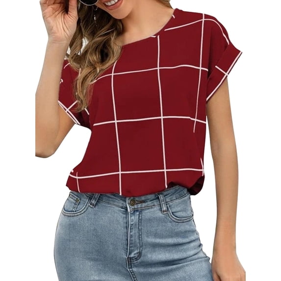 Gvmfive Women's Plaid Check Print Top Casual Short Sleeves Daily Blouse