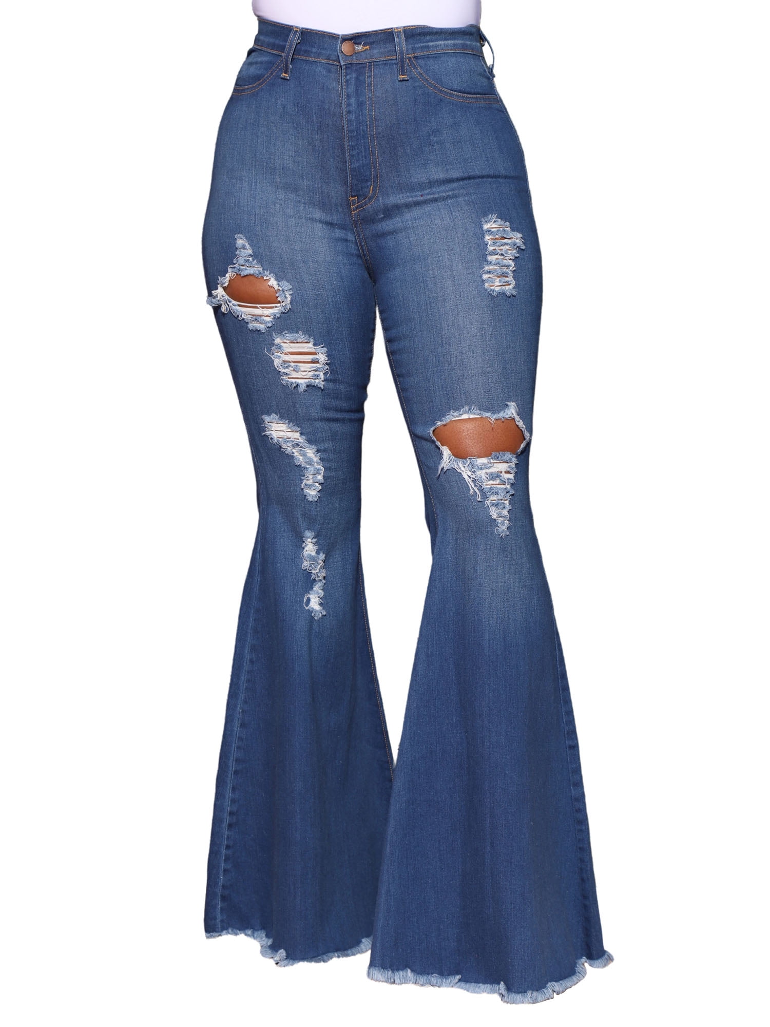 Pre-Order Sky Blue Distressed Bell Bottom Plus Size Jeans