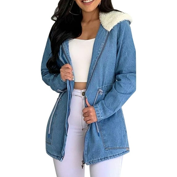 Gvmfive Women's Plush Hooded Long Sleeve Jacket Full Zip Casual Winter Denim Coat