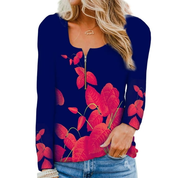 Gvmfive Women's Printed Long Sleeve Blouse Zipper Round Neck Casual Loose Tops