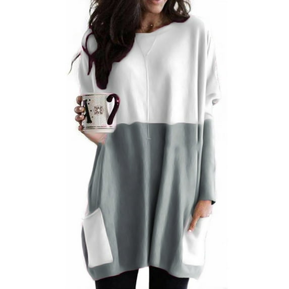 Gvmfive Women's Side Pockets Long Sleeve Round Neck Pullover Casual Tunic Tops