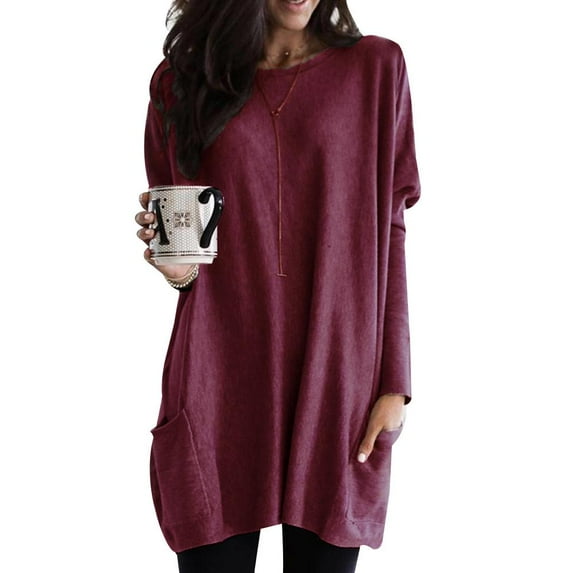 Gvmfive Women's Side Pockets Long Sleeve Round Neck Pullover Casual Tunic Tops