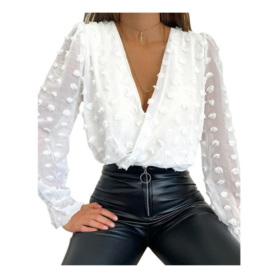 Gvmfive Women's Solid Long Sleeve Juniors Blouse Jacquard Deep V-Neck Shirt Tops