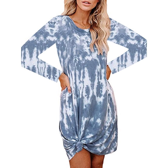 Gvmfive Women's Tie Dye Print Long Sleeve Juniors Round Neck Casual Loose Mini Dress