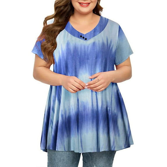 Gvmfive Women's Tie Dye Print Pleated Loose Flowy Buttons Short Sleeve V-Neck Casual Tops M-5XL