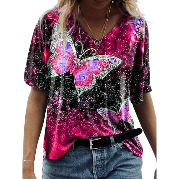 Gvmfive Women's V-Neck Butterfly Print Short Sleeve Casual Loose T-shirt Top
