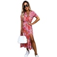 thumbnail image 1 of Gvmfive Women's V-Neck Short Sleeve Split Ruffle Floral Print Midi Dress, 1 of 3