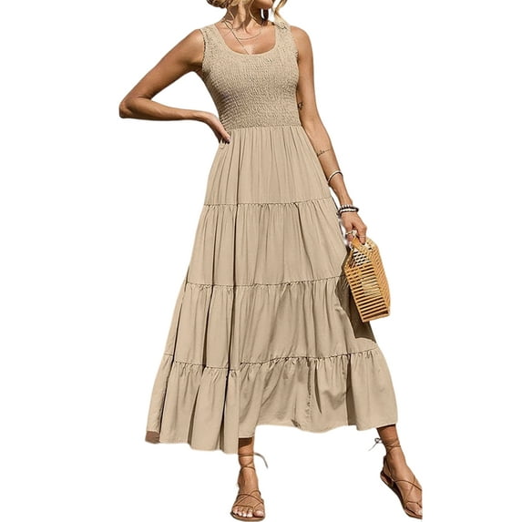 Gvmfive Womens Casual Solid Color Sleeveless Tiered Dress Pleated Swing Maxi Dress