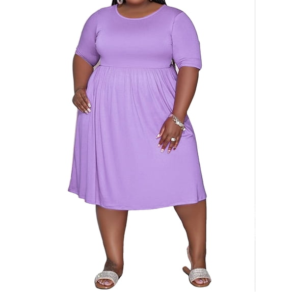 Gvmfive Womens Casual Summer Short Sleeve Solid Color Base Skater Dress Plus Size